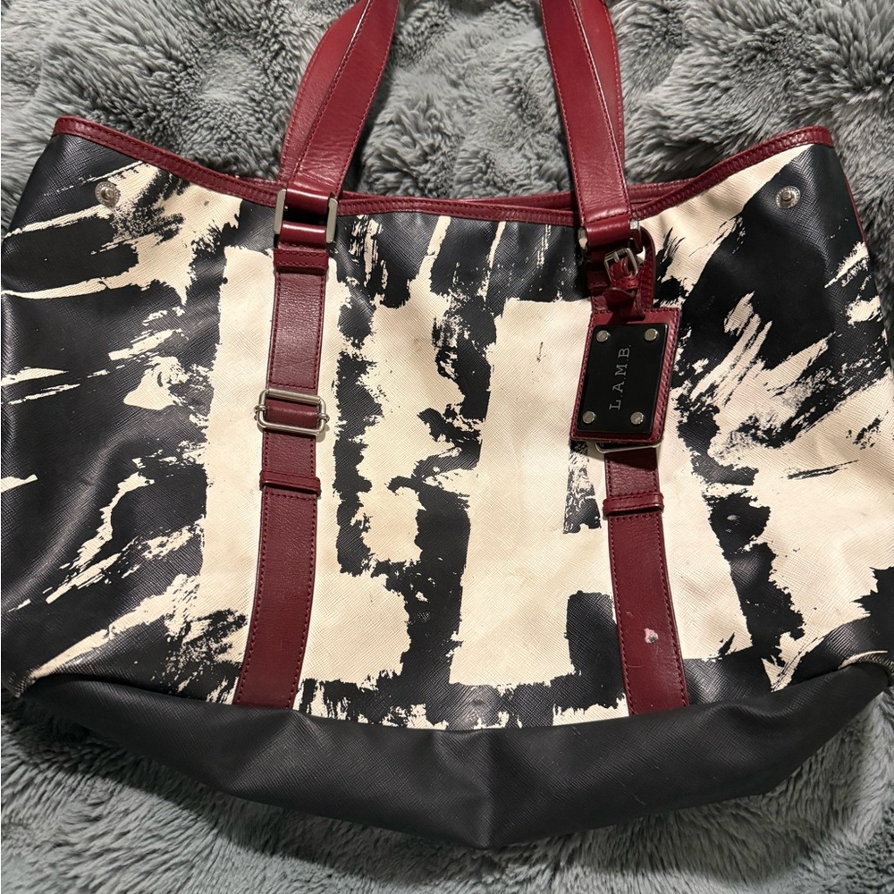 L.A.M.B. Black and white Tote with Burgundy Straps Huntley